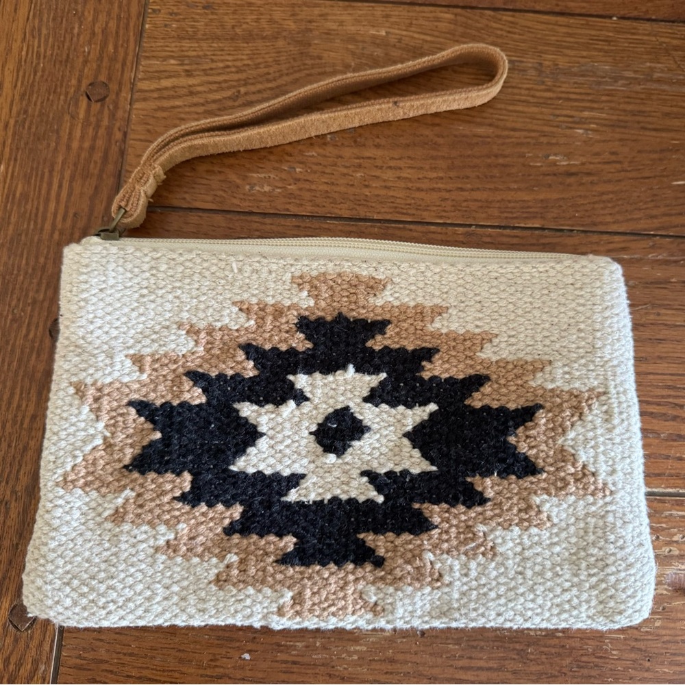 Aztec Woven Cotton Wristlet Leather Tan Brown Cream Western Boho Festival Rodeo
